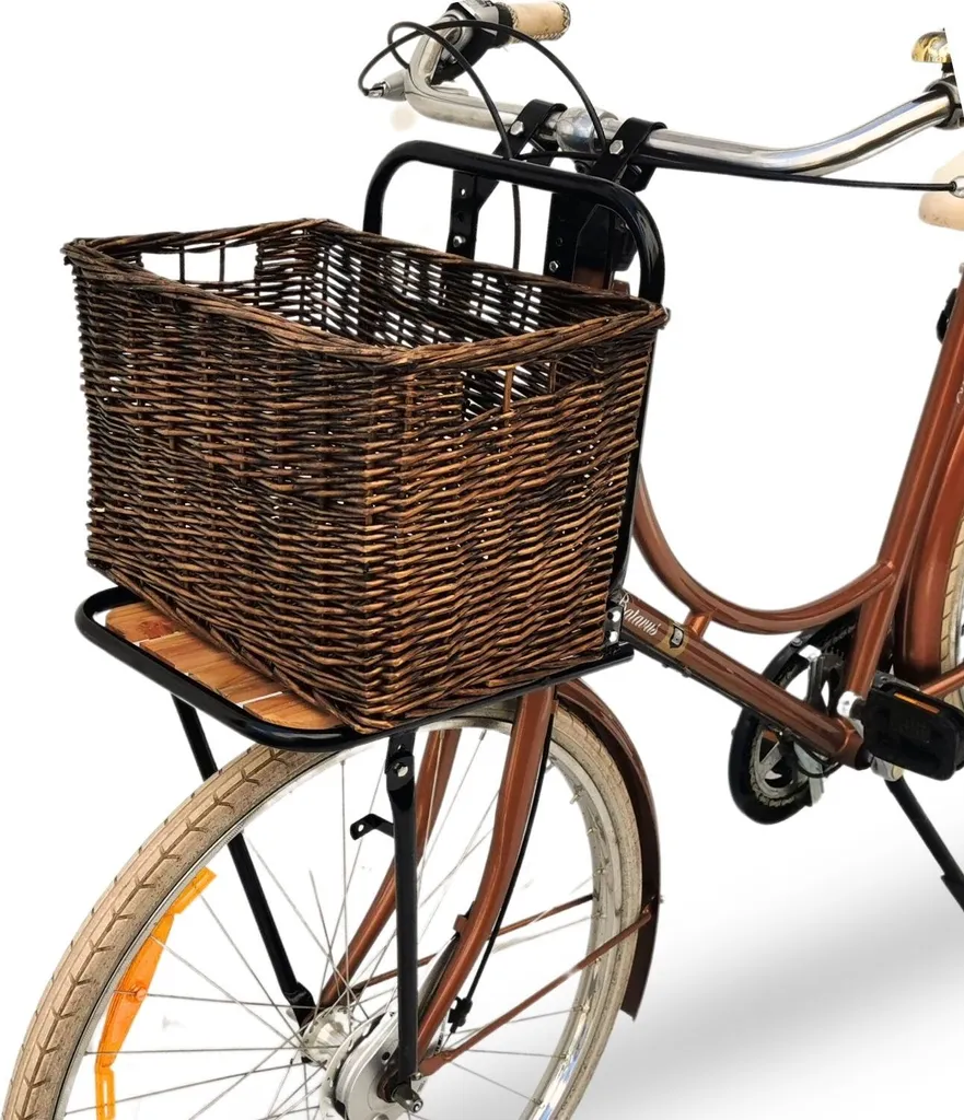 Porte-bagages avant universel pour vélo de ville avec son panier rotin