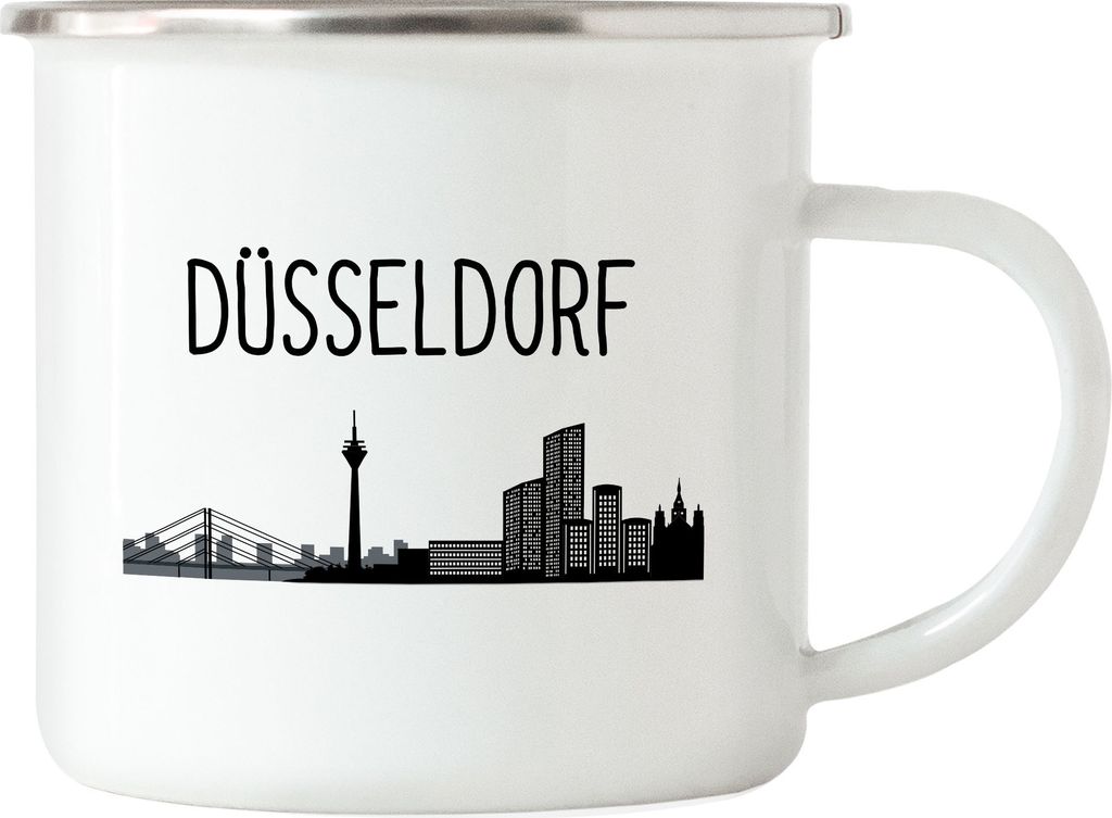DÜSSELDORF Skyline Emaille Tasse Souvenir Andenken Deutsche Großstädte Motiv Stadt Silhouette Geschenkidee Umzug
