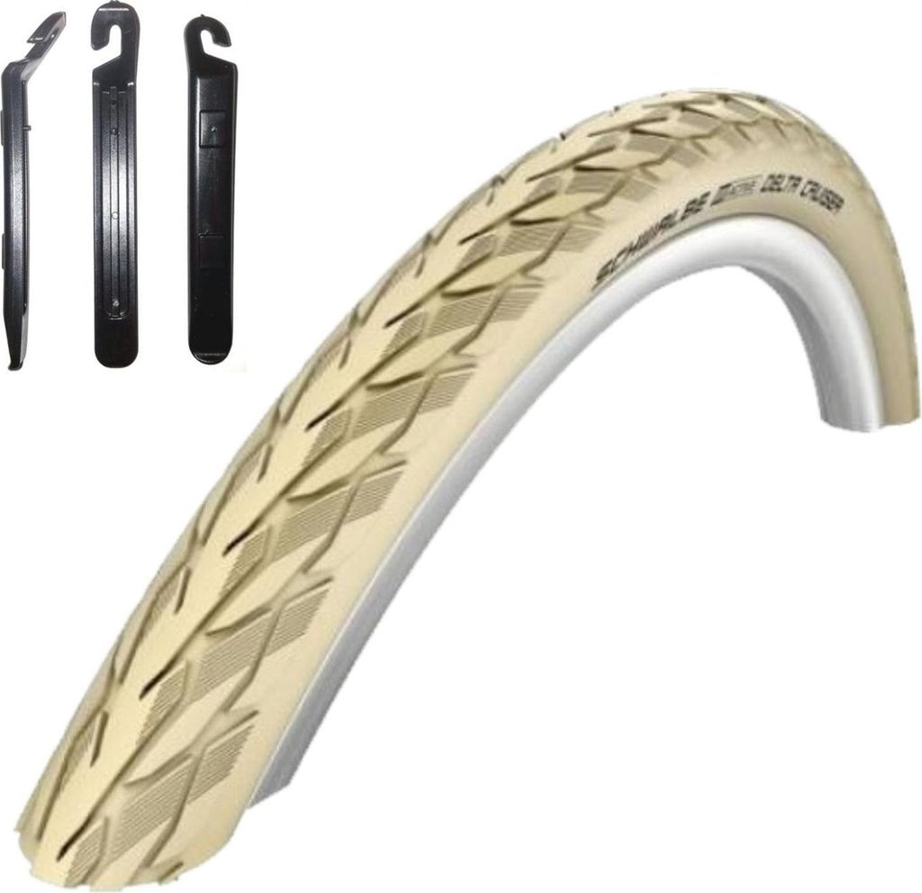 1 x Schwalbe Delta Cruiser Plus Fahrradreifen Decke in Creme mit Reflex 37-590 (26 x 1 3/8) inkl. Reifenheber