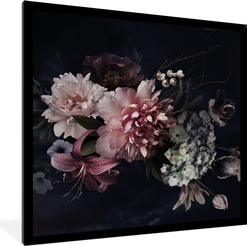 MuchoWow Gerahmtes Poster Blumen - Vintage - Pastell - Rosa - Weiß 40x40 cm - Poster mit Schwarzem Bilderrahmen Wandposter Rahmen Foto Bilder - ...