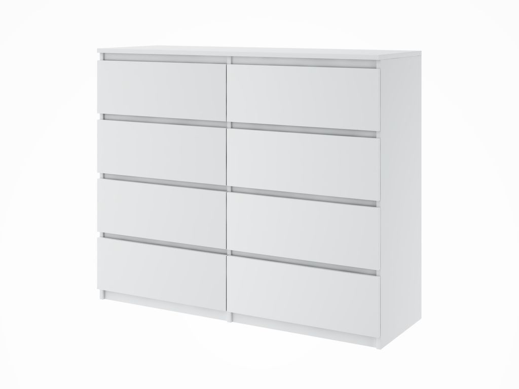 A white dresser with eight drawers, shown from a three-quarter angle against a white background.