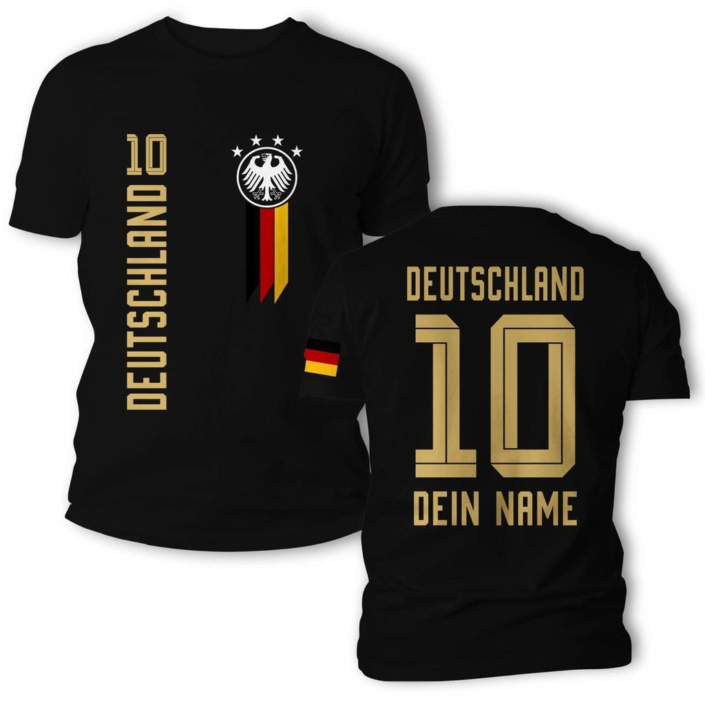 Deutschland Fußball Fan Shirt Herren Damen personalisierbar – Unisex Baumwolle – WM 2026 T-Shirt – Schwarz / Gold – mit Ärmeldruck – G...