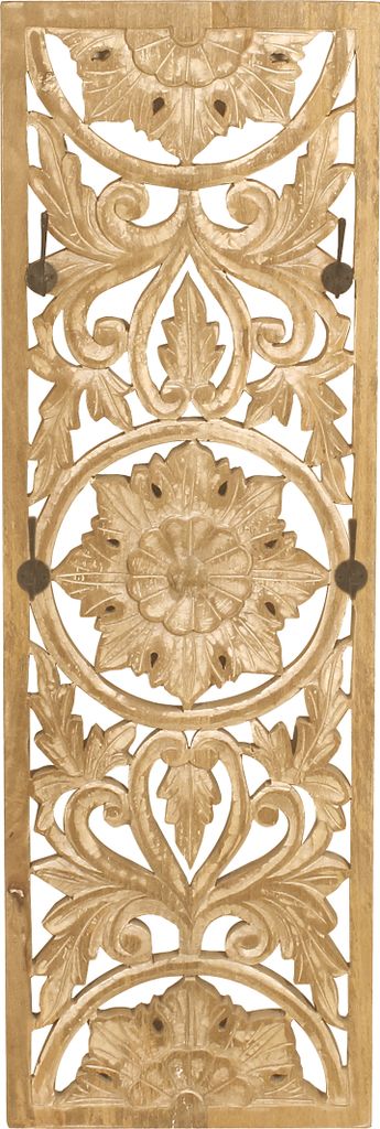 A carved wooden wall panel with decorative floral motifs and four hooks.