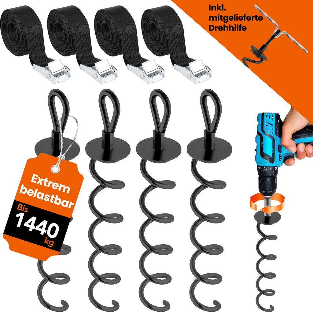 NewHabitat | 4x Erdanker Bodenanker Schwarz inkl. Gurte Produktbild 