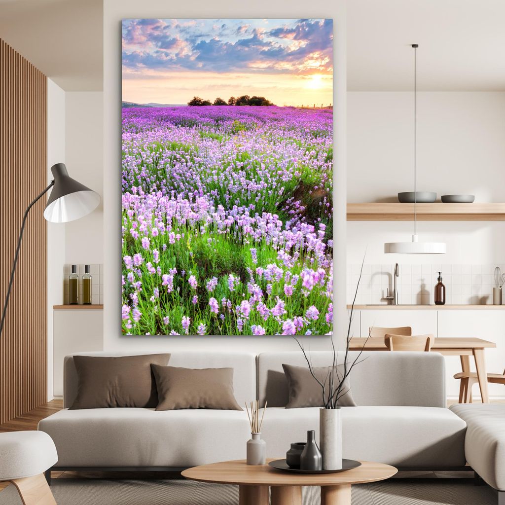 MuchoWow Wanddekoration Metall Metallbild Wandkunst 100x150 cm Lavendel - Blumen - Sonnenuntergang - Lila - Wiese MuchoWow Aluminium Gemälde - Bild