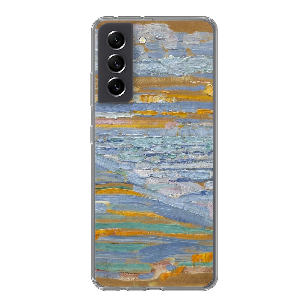 MuchoWow Handyhülle Schutzhülle Hülle für Samsung Galaxy S21 FE Blick auf den Strand und die Seebrücke von den Dünen aus - Piet Mondrian Si...