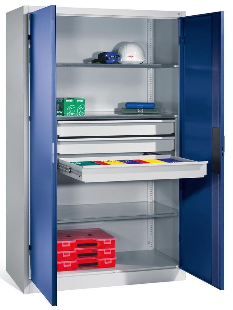Schwerlastschrank mit mittigem Schubladenblock, BxTxH 930x500x1950 mm, RAL 7035