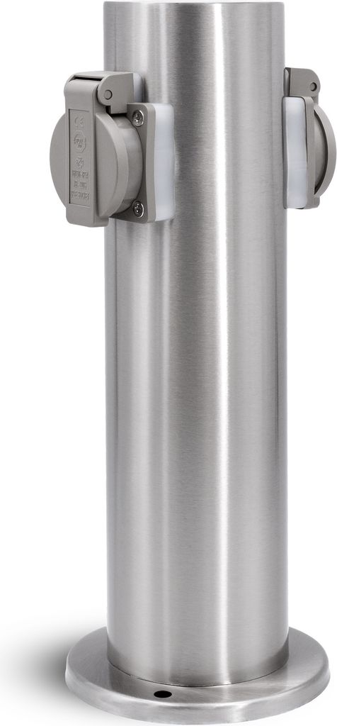 Garten Energiesäule für außen mit 2 Steckdosen für 230V - Steckdosensäule rund in Edelstahl gebürstet mit Regenschutz IP44