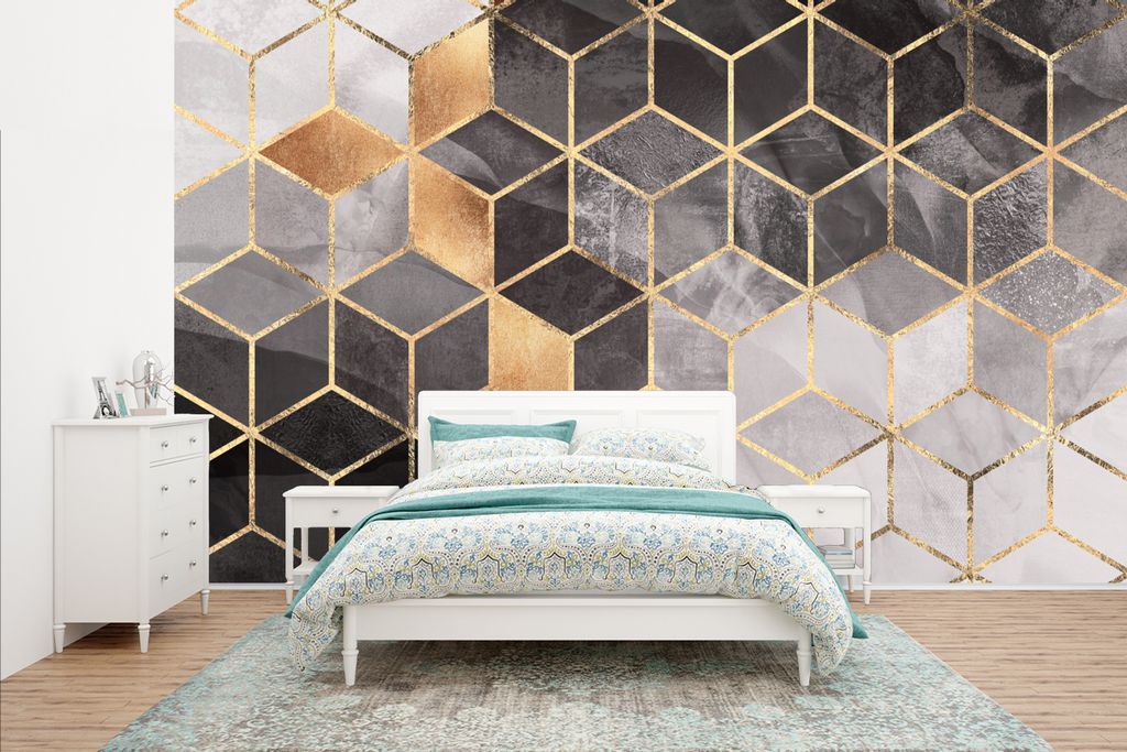 MuchoWow Fototapete für Wohnzimmer oder Schlafzimmer Wandtapete Vinyl Motivtapete Abstrakt - Würfel - Gold - Muster - Schwarz - Weiß - 400x240...