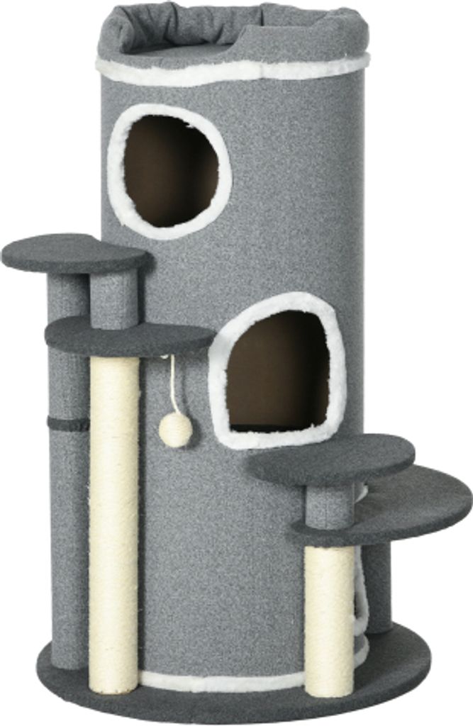 Katzen Kratztonne Katzenbaum 99cm mit Spielball Katzenbett Plattformen Grau 57x57x99cm Katzenkorb