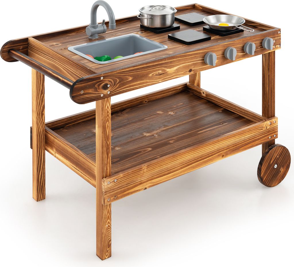 GOPLUS Matschküche für Kinder, Spielküche Outdoor mit Abnehmbarer Spüle, 4 Herden & Lagerregal, Kinderküche aus Tannenholz mit Griff und Rädern