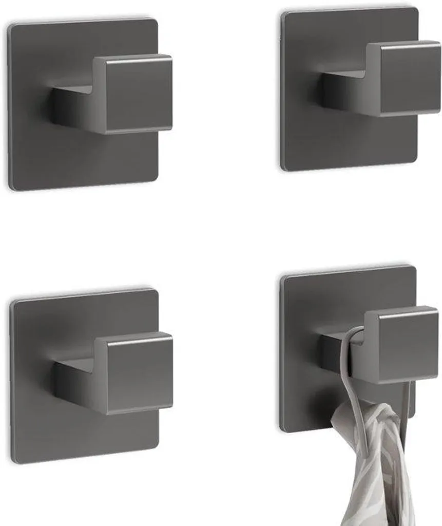 Accroche serviette adhésif gris x4 - Support mural carré pour douche