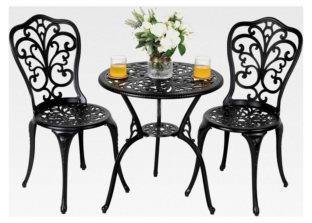 3-teiliges Bistro Set für den Außenbereich, Gartenmöbel, Balkonmöbel Set, runder Tisch aus Aluminiumguss mit Schirmloch und 2 Stühlen ohne Arm...