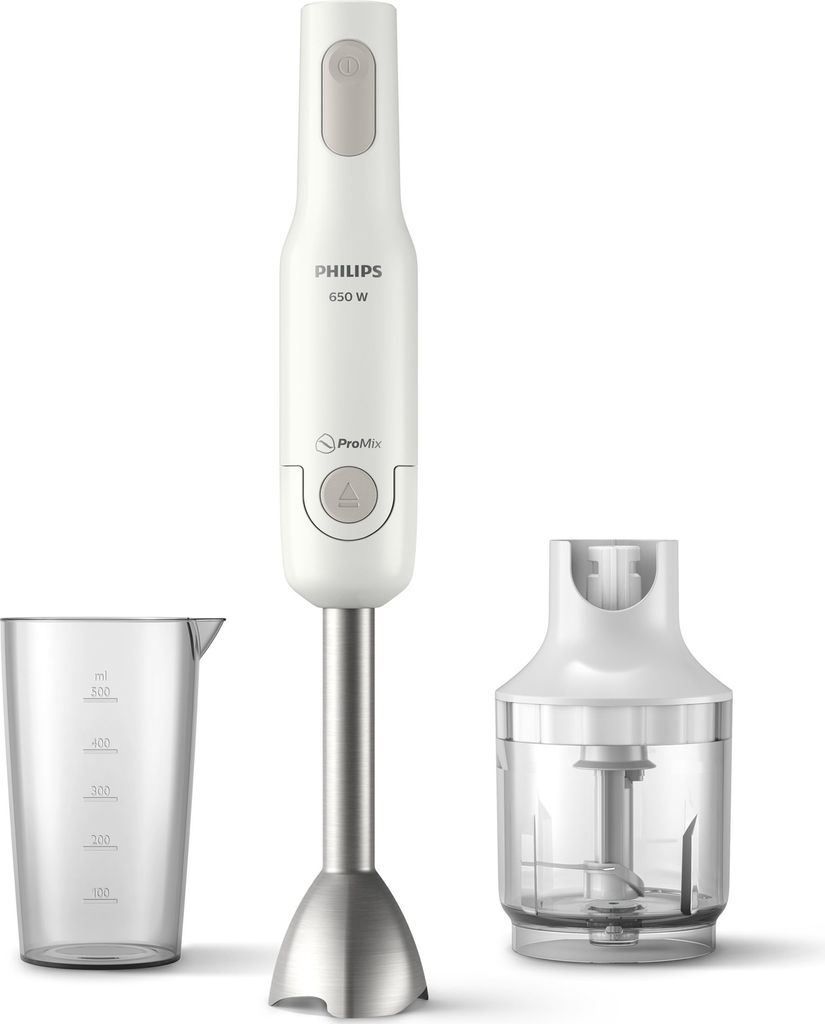 A white and silver hand blender with accessories against a white background.