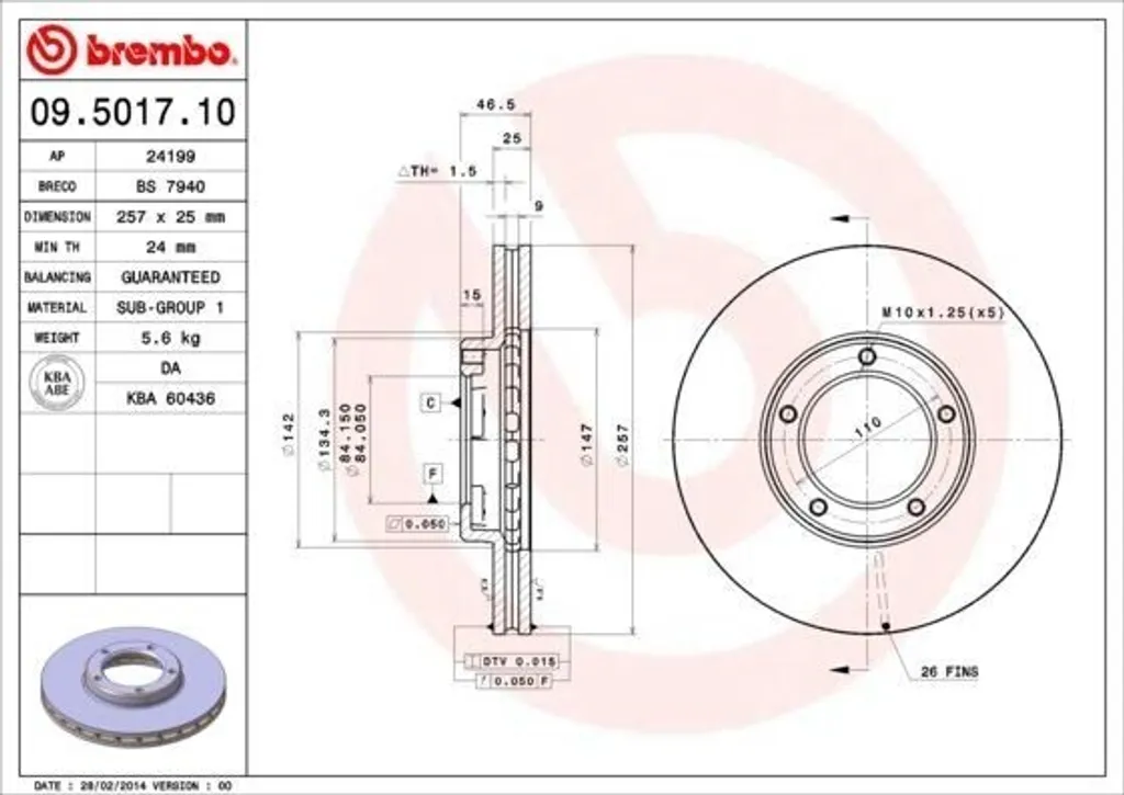 Paire de disques de frein avant Brembo 09.5017.10 pour Toyota Corollla