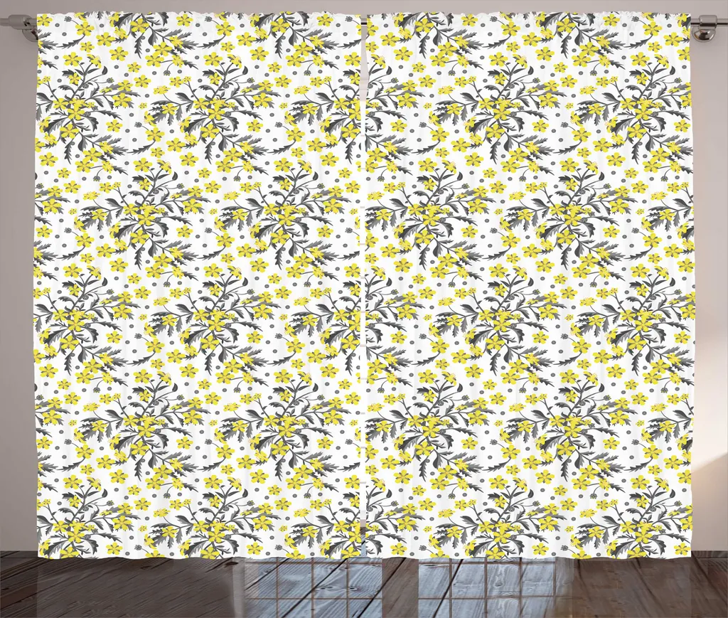 Rideaux pour Salon Décoration Rustique Florale 280x225 cm Gris et Jaune