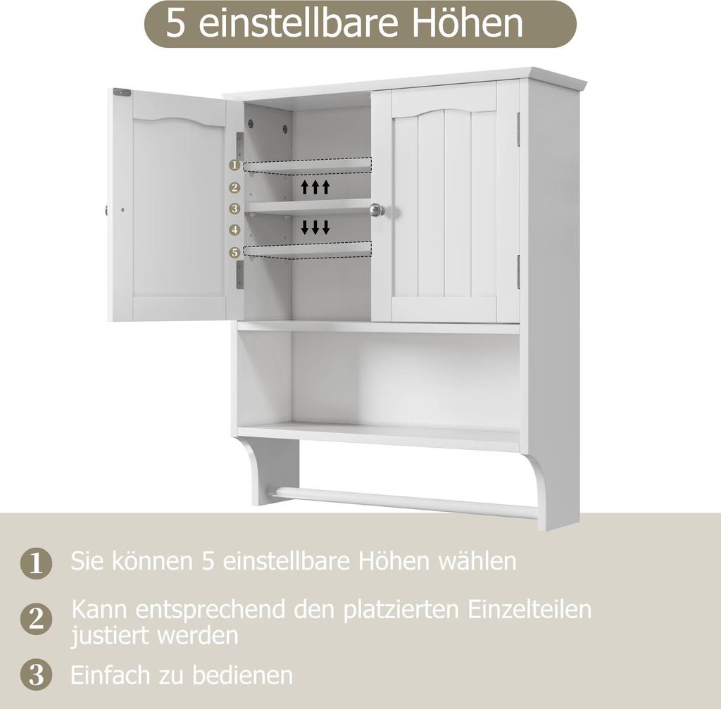 Wandmontierter Badezimmer-/Küchenschrank - Medizinschrank - 2 verstellbare Einlegeböden - Handtuchhalter - Weiß