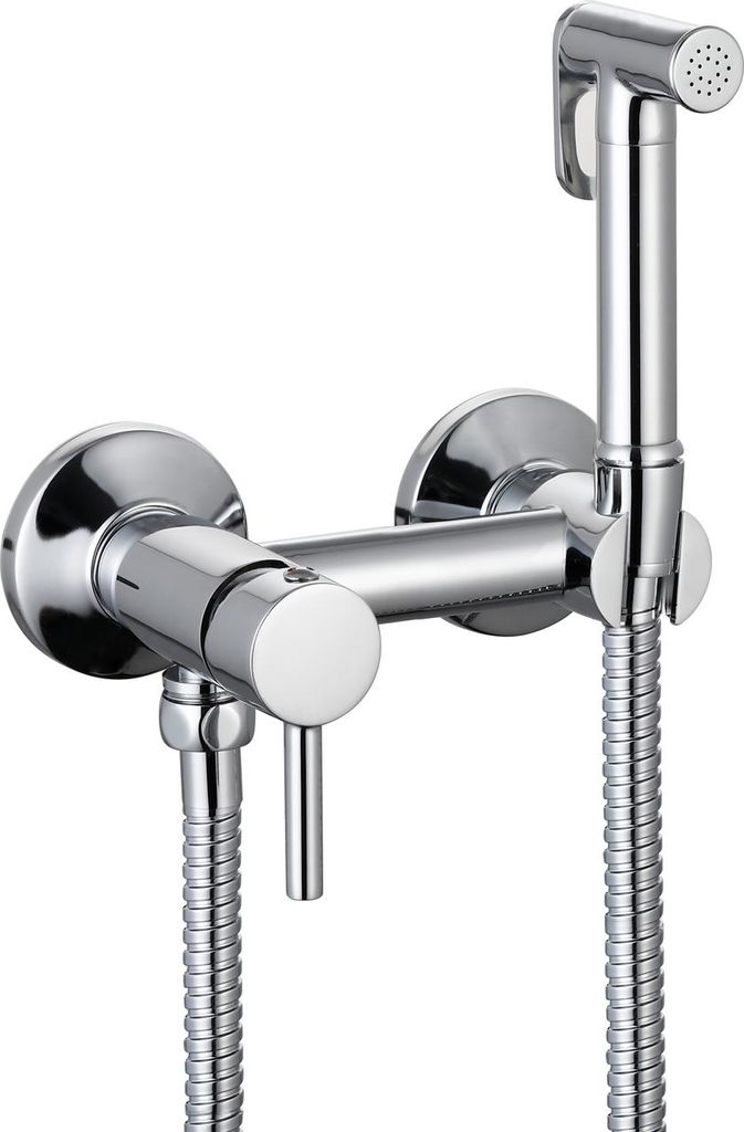 A chrome-finished bidet spray set mounted on a wall.