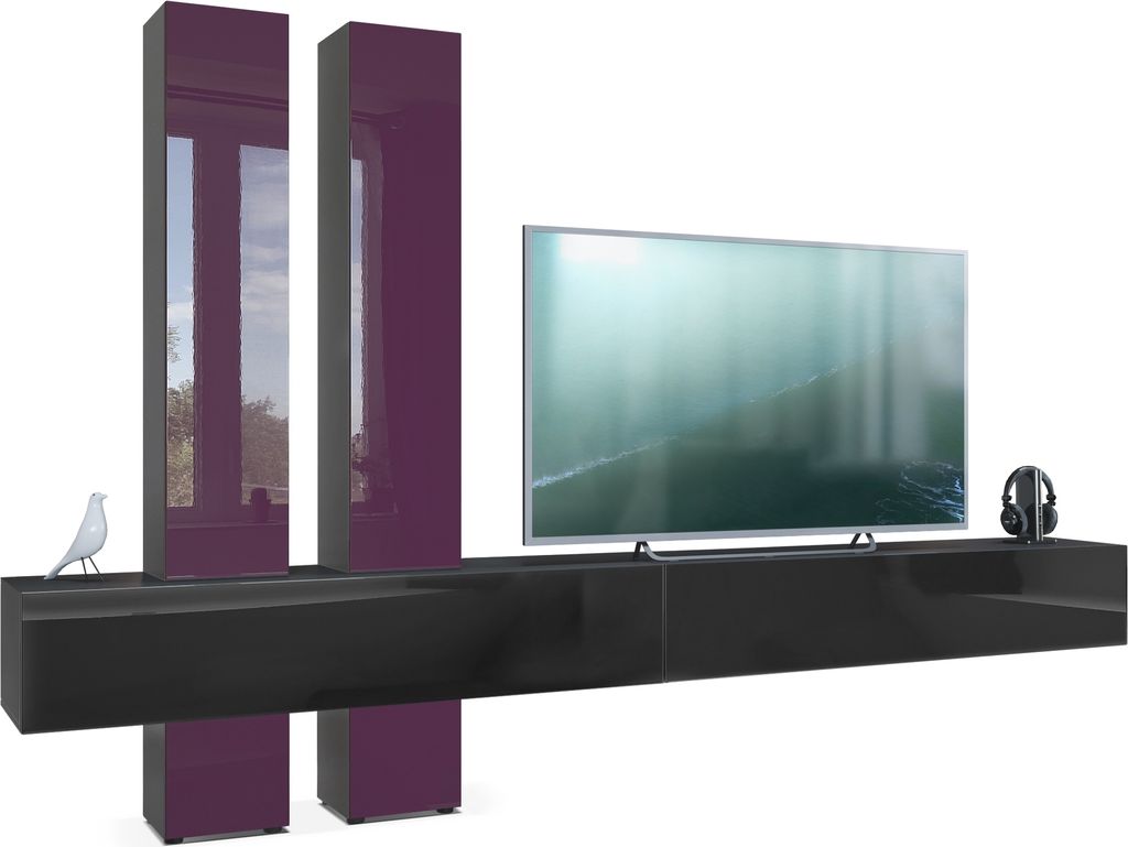 Vladon Wohnwand Moja, Germany, - Schwarz matt & Schwarz/Brombeer Hochglanz - Moderne Anbauwand für Ihr Wohnzimmer (BxHxT) 330 x 204 x 39 cm