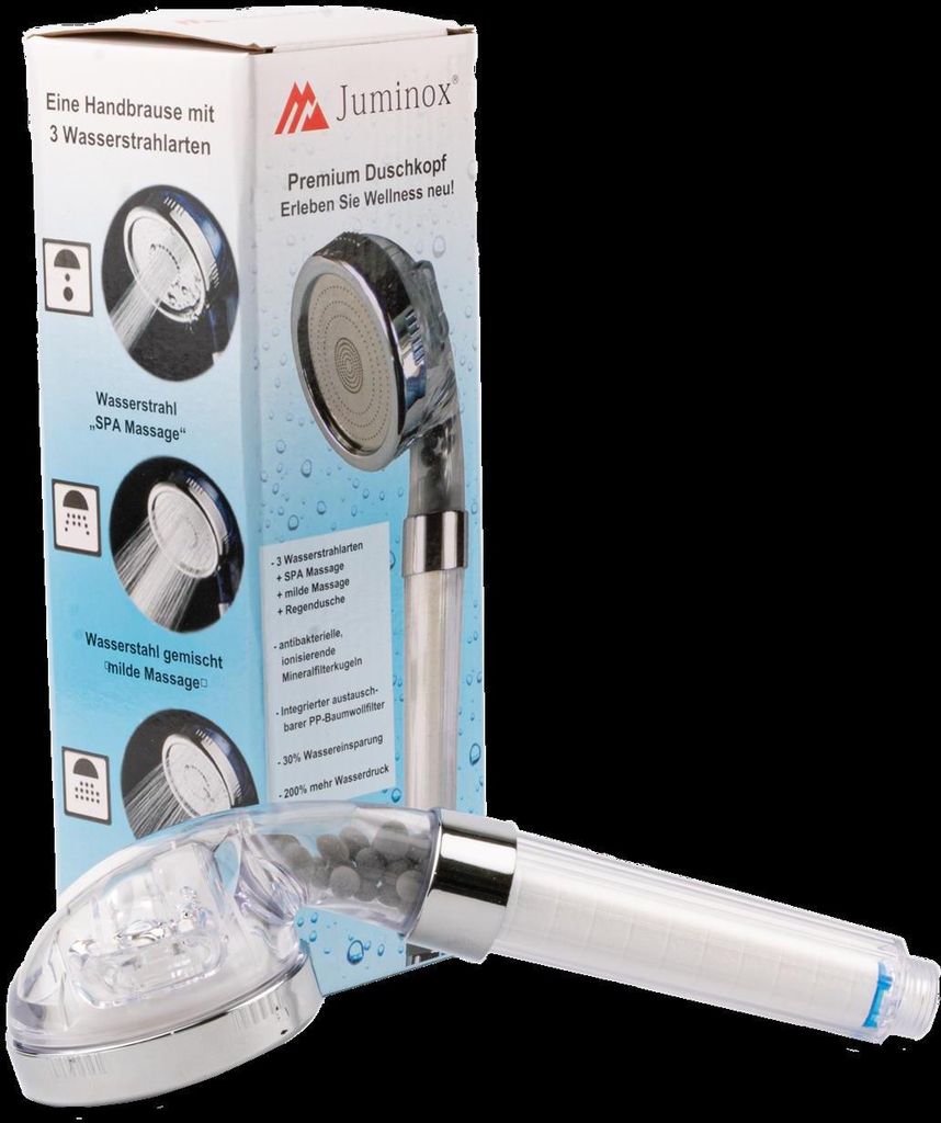 A product box and a shower head are shown against a black background.