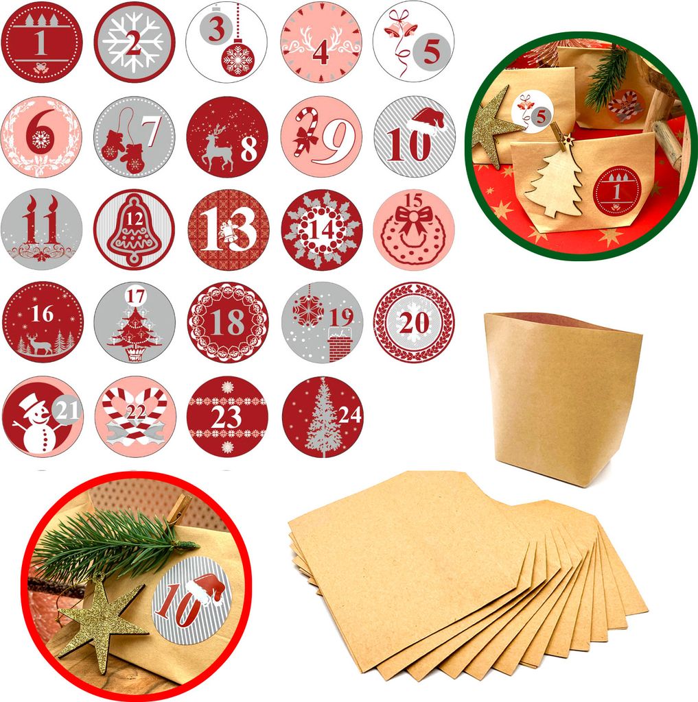 Oblique Unique DIY Adventskalender Set - 24 Tüten + 24 Zahlen Sticker Aufkleber für Weihnachten Advent