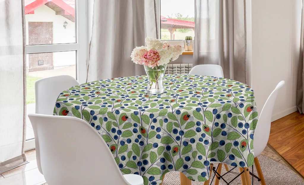 ABAKUHAUS Tovaglia rotonda con coccinelle, foglie di mirtillo nero, tovaglia circolare per sala da pranzo, decorazione per cucina, 150 cm, vermiglio blu scuro