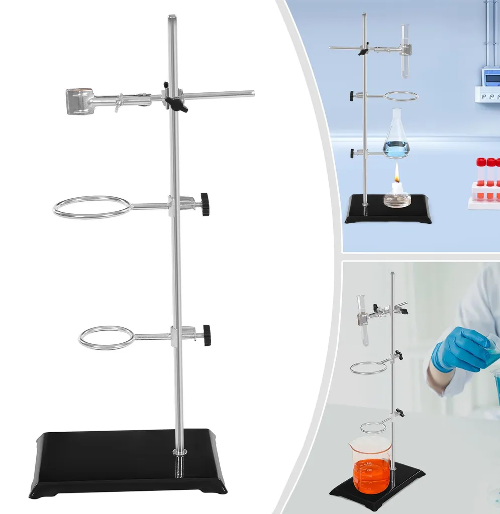 Support pour expériences de chimie, hauteur 50 cm avec bagues acier