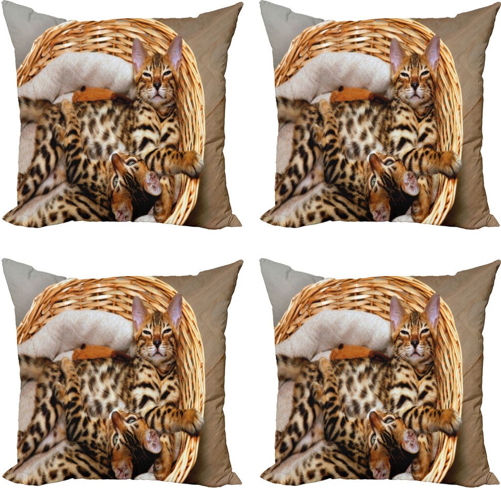 ABAKUHAUS Kätzchen Kissenbezug Set (4 Stück), Bengal-Katzen im Korb, Moderner Doppelseitiger Digitaldruck, 40 cm x 40 cm, Braun Hellbraun Beige