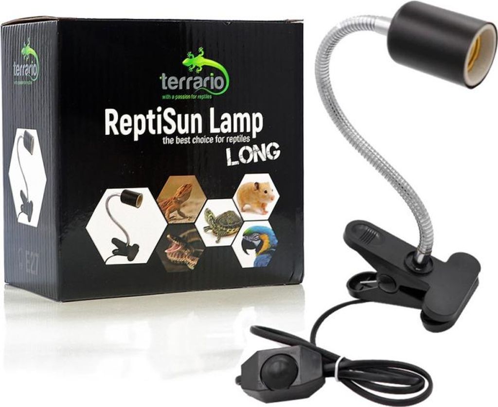 A product box for a reptile lamp and the lamp itself.