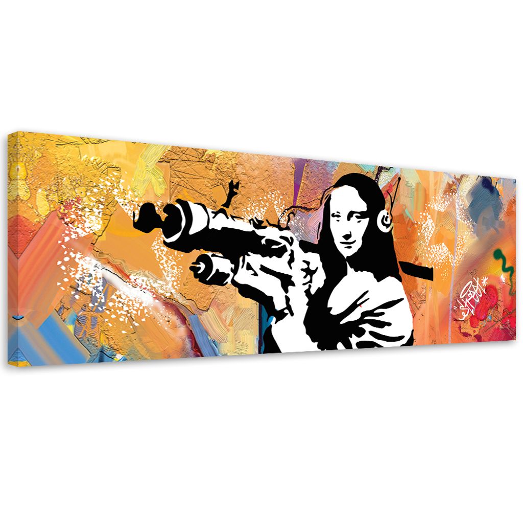 Leinwandbild Banksy Mona Lisa und Bazooka 150x50 Feeby Bunt bild für die wand bereit zum aufhängen