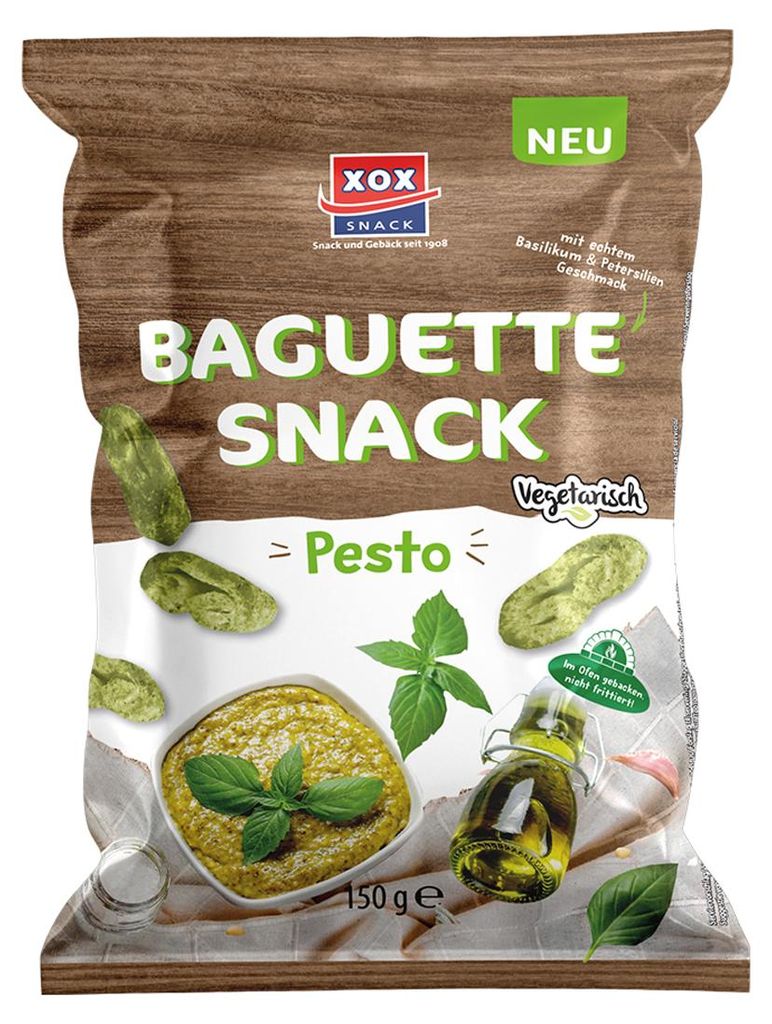 Verpackungsbild XOX Baguette knusprig mediterraner Brotsnack mit Pesto Geschmack 150g