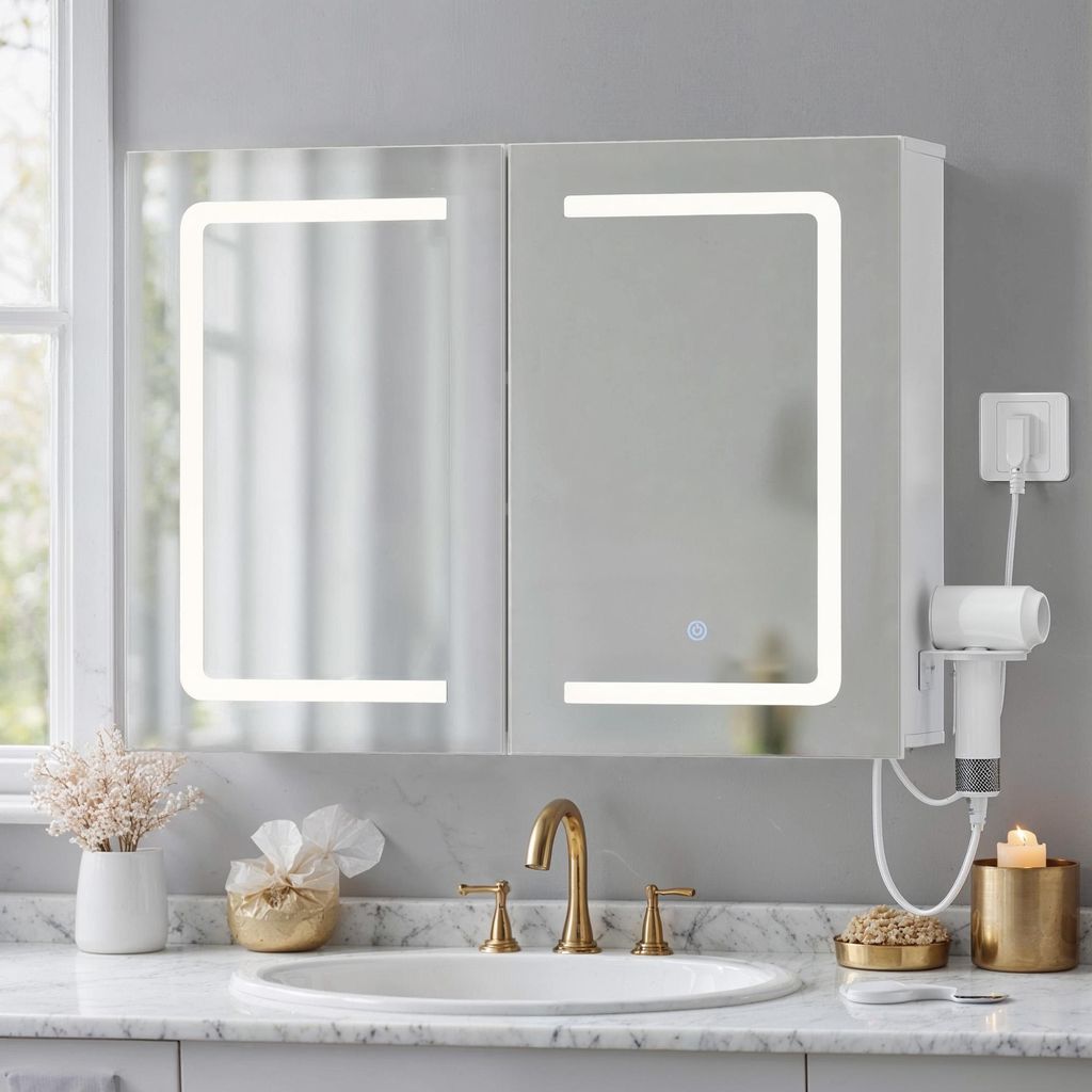A bathroom vanity with a sink, faucet, and a lighted medicine cabinet above.