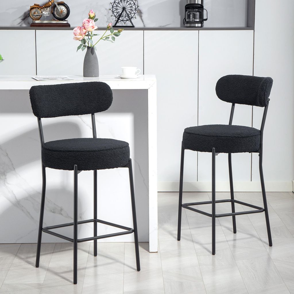 Barhocker 2er-Set Schwarz Fleece-Bezug mit Rückenlehne, Küchenhocker Polyester Stahl, Tresenhocker gepolstert | Sitzhöhe 65 cm | bis 120 kg