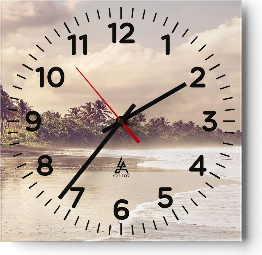 Wanduhr - Quadrat - Glasuhr - Palmen Strand Wasser - 40x40cm - Schleichendes Uhrwerk - Lautlos - zum Aufhängen bereit - Dekoration Modern - Wandde...