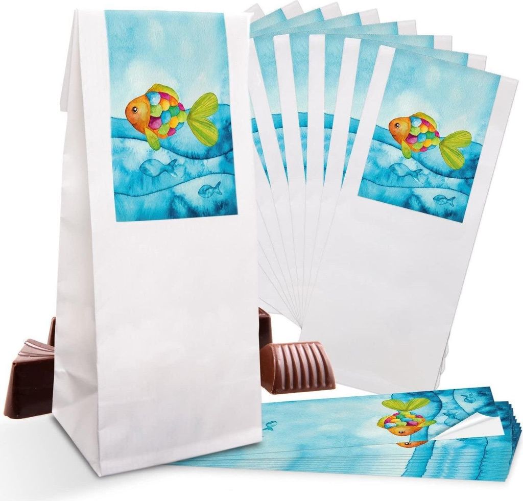 Weiße Blockbodenbeutel mit Folieneinlage 7 x 4 x 20,5 cm – mit Banderolen „Danke“ & „Schön, dass du da bist“Regenbogenfisch türkis / 1...