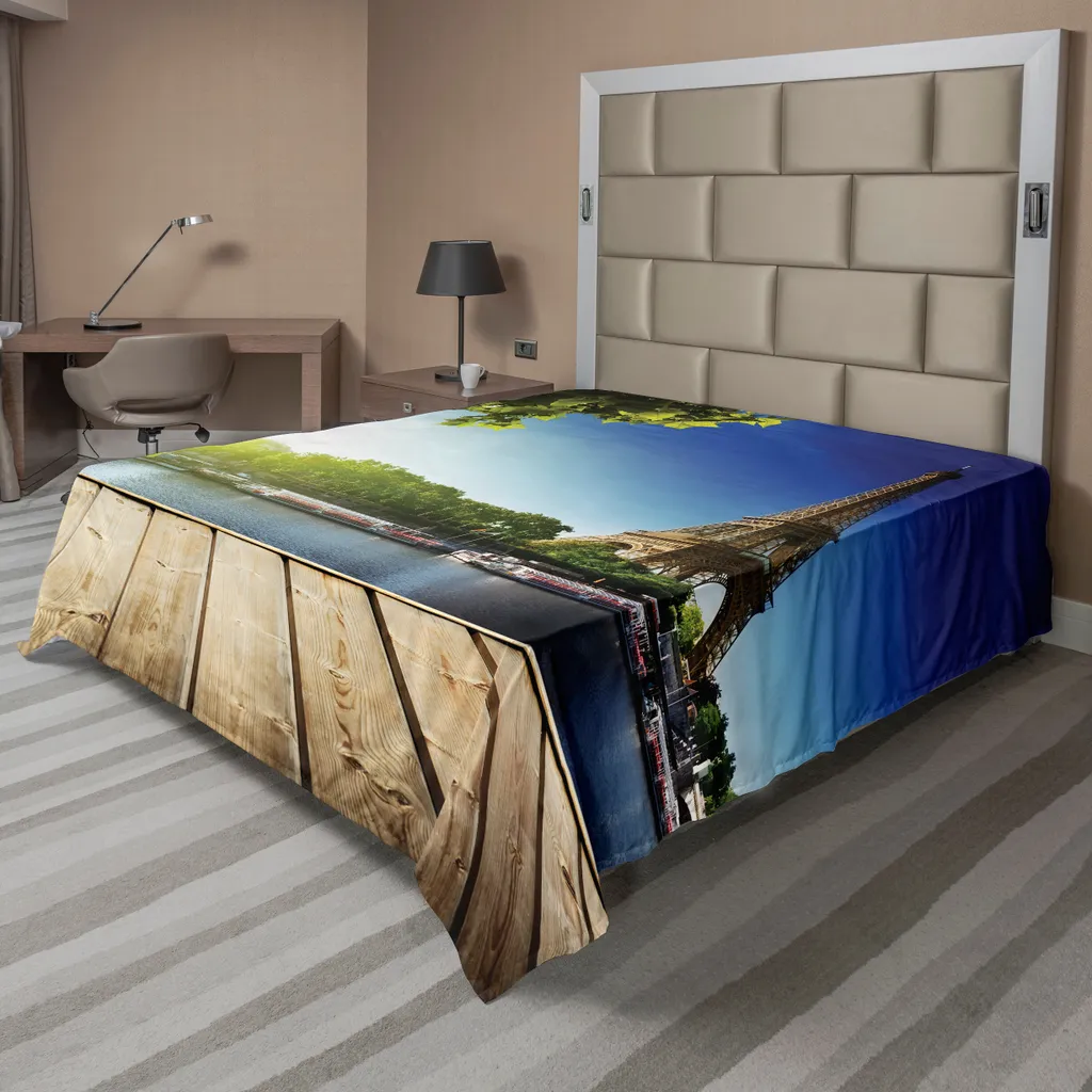 ABAKUHAUS Paris Lenzuolo, Torre Eiffel Francia Design europeo Senna Legno Jets Foto Parigi Viaggi, lenzuolo morbido e confortevole per un letto decorativo 1 pezzo 275 cm x 260 cm, verde e blu