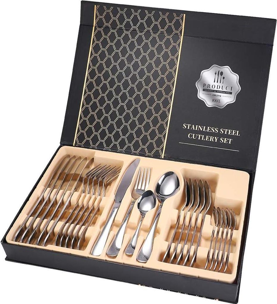 Besteckset für 6 Personen, 24-teilig aus rostfreiem Stahl, spiegelpolierte Servierset zum Verschenken, Messer, Gabeln, Löffel und Kaffeelöffel m...