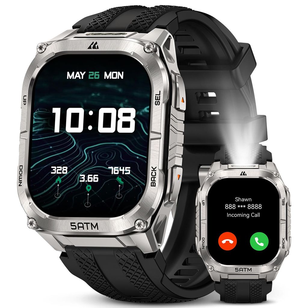 KOSPET M4C Smartwatch für Herren – Sport, GPS, LED-Taschenlampe und Walkie-Talkie, Vollmetallgehäuse, 5 ATM – Silber