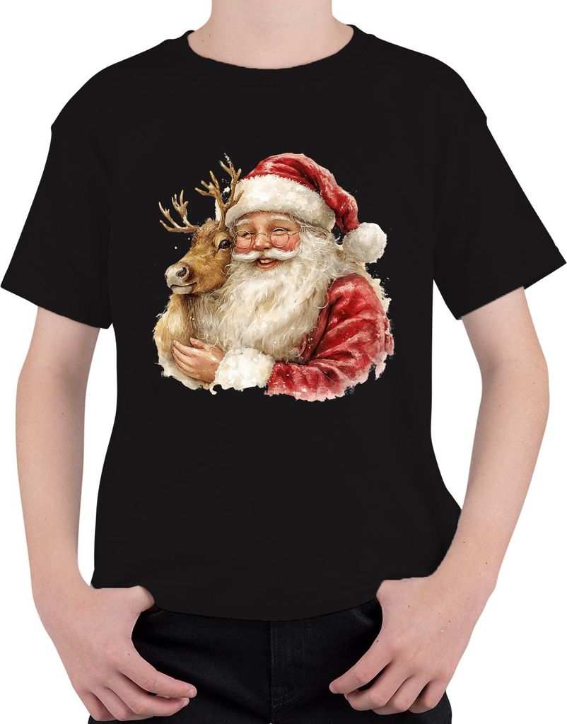 Weihnachtsmann Rentier Aquarell Weihnachten Geschenk Vintage Uni Kinder T-Shirt, Schwarz, 104