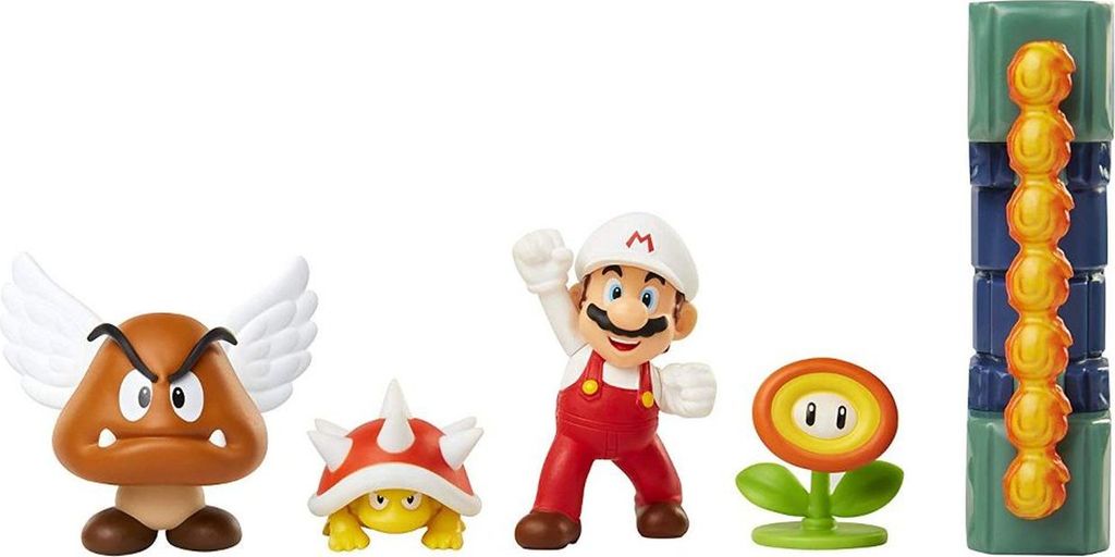A collection of Super Mario figurines and a building block accessory, arranged on a white background.