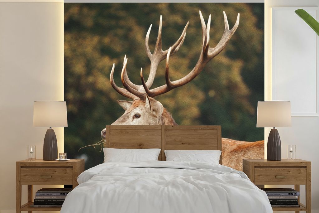 MuchoWow Fototapete für Wohnzimmer oder Schlafzimmer Wandtapete Vinyl Motivtapete Hirsche - Gras - Wald - Geweih - 220x220 cm - Tapeten