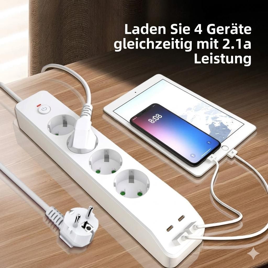 Mehrfachsteckdose 8-in-1, 4 EU Steckdosen + 2 USB-A + 2 USB-C, 2500W, 1,8m Kabel, 90° Stecker, Kindersicherung, Überlastschutz, für Zuhause & Büro