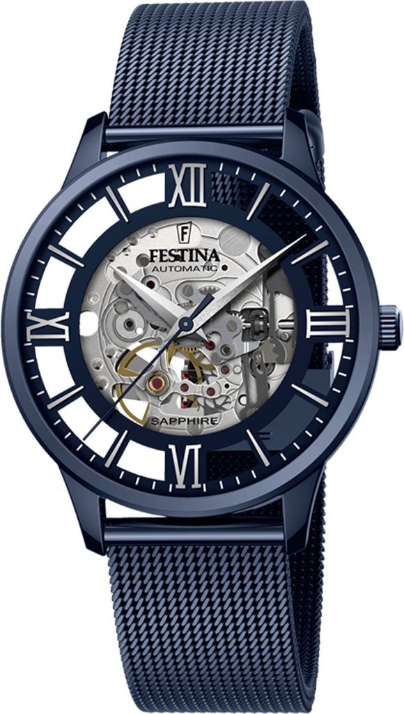 A close-up studio shot of a men's automatic watch with a skeleton dial.