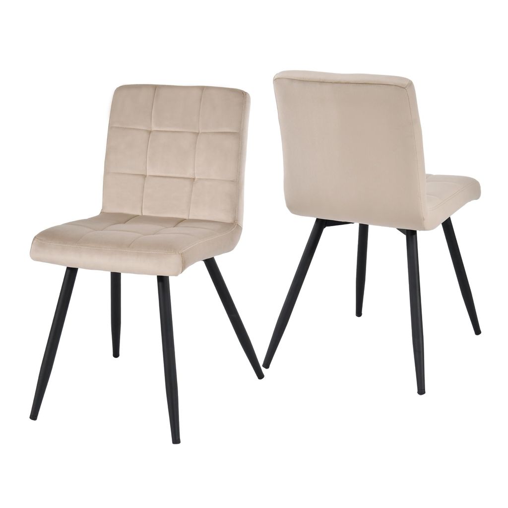 Two beige upholstered chairs with black metal legs are shown against a white background.