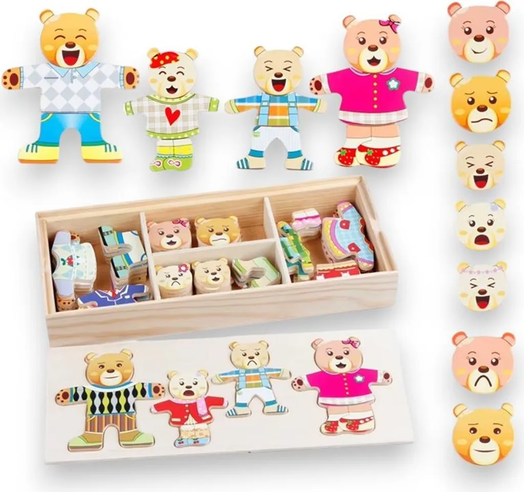 Puzzle émotions ours en bois 72 pièces avec boîte de rangement luxe