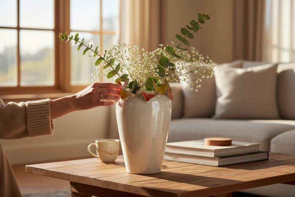 Vase mit Schmetterling Weiß aus Steingut 22 cm moderne Deko Indoor stilvoll