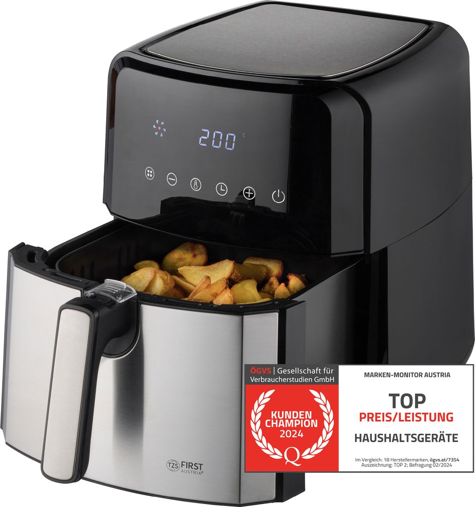 TZS First Austria Heißluftfritteuse 5L, 8 Programme, 1700W, Verzögerungstimer, Airfryer Ohne Öl & Fett, Edelstahlkorb, Kompaktfriteuse, Friteuse...
