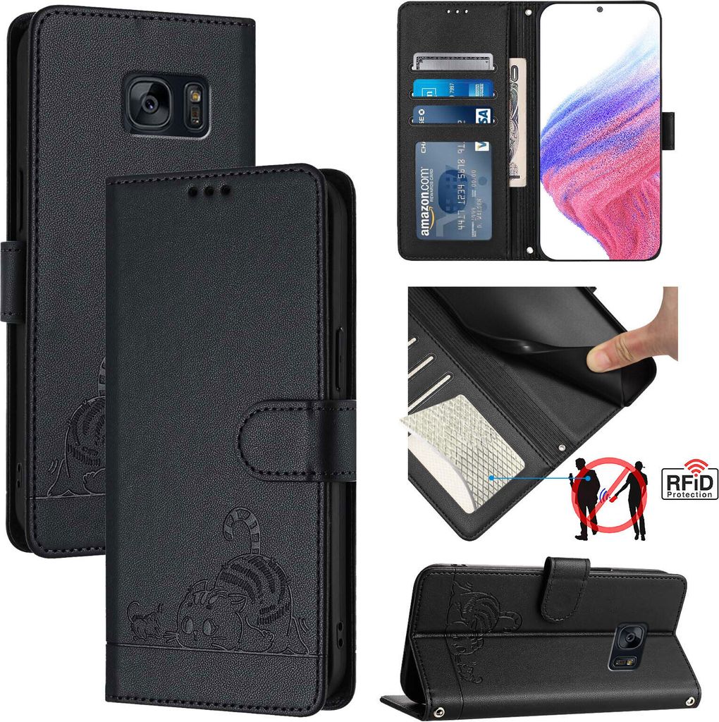Leder Hülle für Samsung Galaxy S7 Süße Katze Flip Case Brieftasche Schutzhülle mit Standfunktion Schwarz