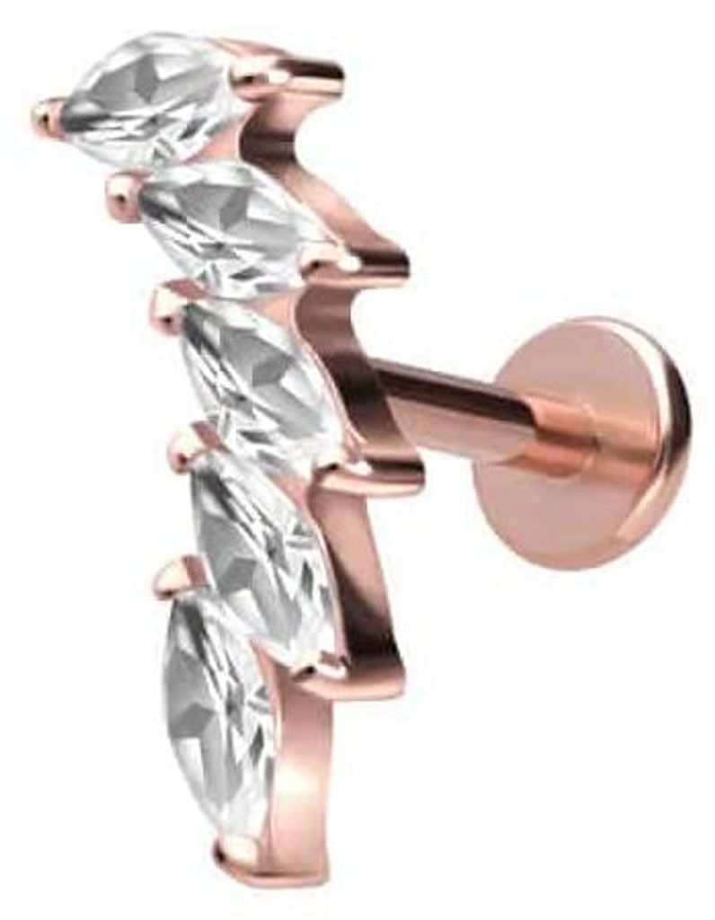 Ohrpiercing, Nasenpiercing Titan Labret mit Innengewinde 5 EINGEFASSTE KRISTALLTROPFEN RoséGold Stablänge: 6mm | Stabstärke: 1,6mm