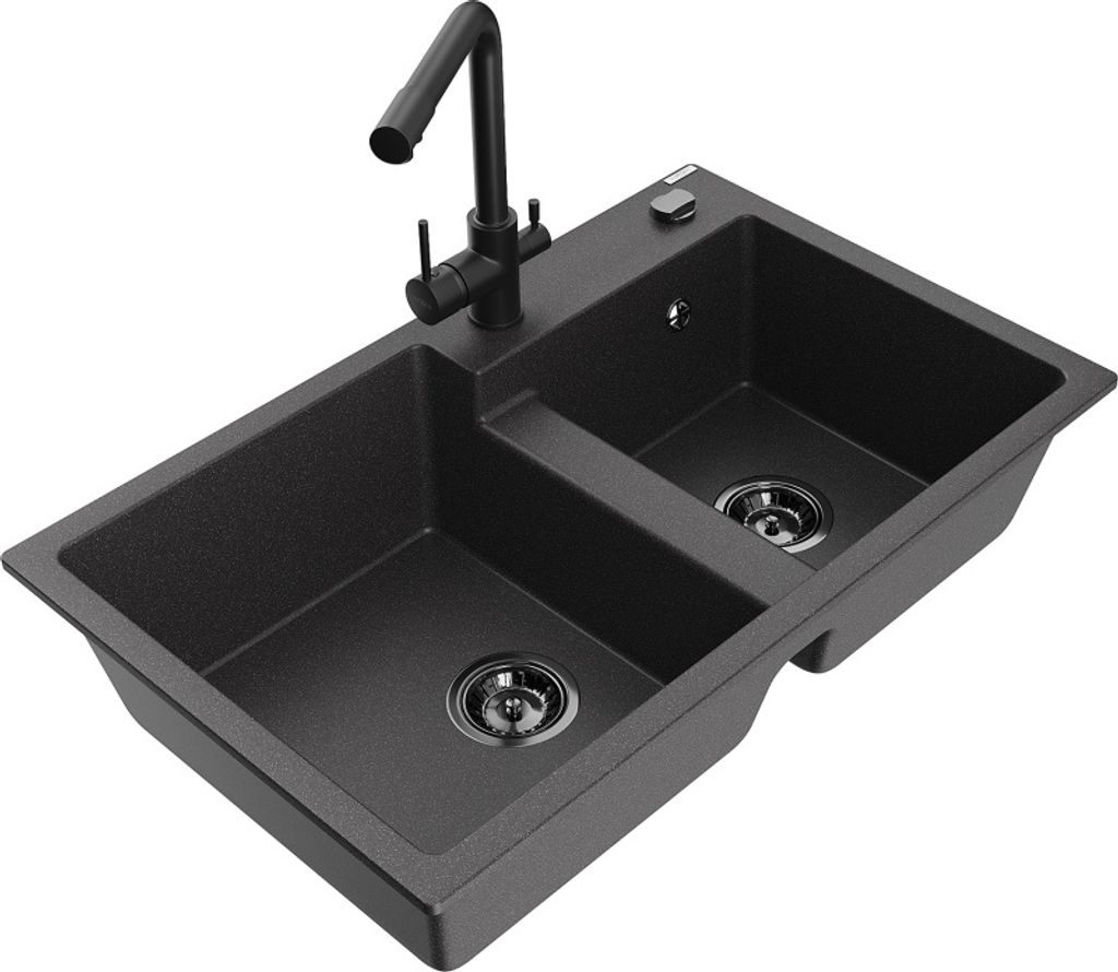 Mexen Tomas 2-Becken-Granitspüle mit Mischbatterie Duero, Schwarz gesprenkelt - 6516-76-671600-70-B